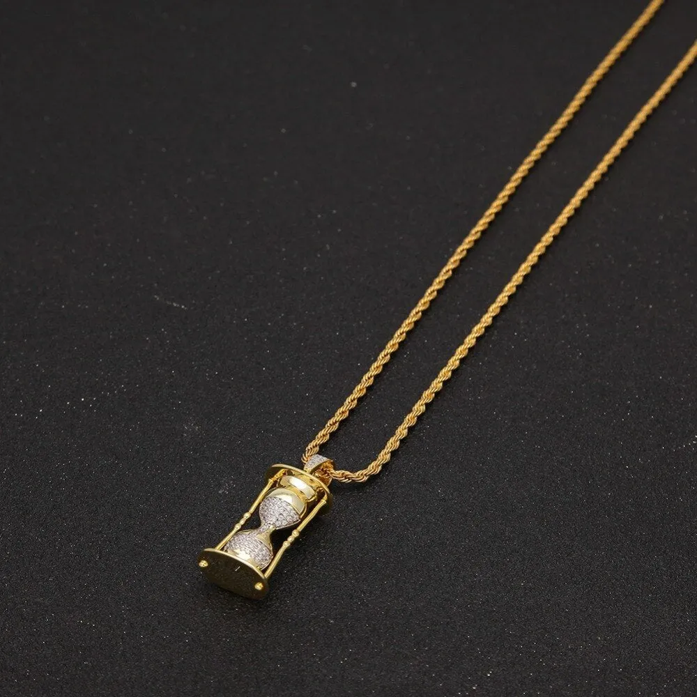 Gold Tone Silver Hourglass CZ Necklace Copper Alloy Hip Hop Catholic Mens Jewelry Iced Out CZ Pendant