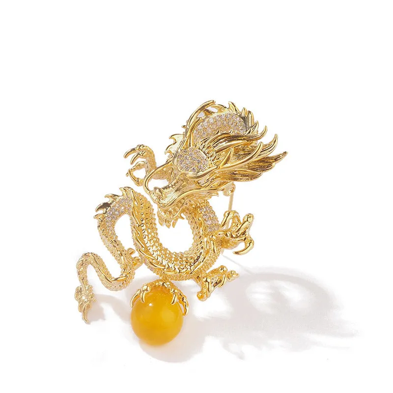 Golden Dragon Playing with Pearl - The Chinese Dragon Loong Brooch with CZ Zodiac Jewelry Gift