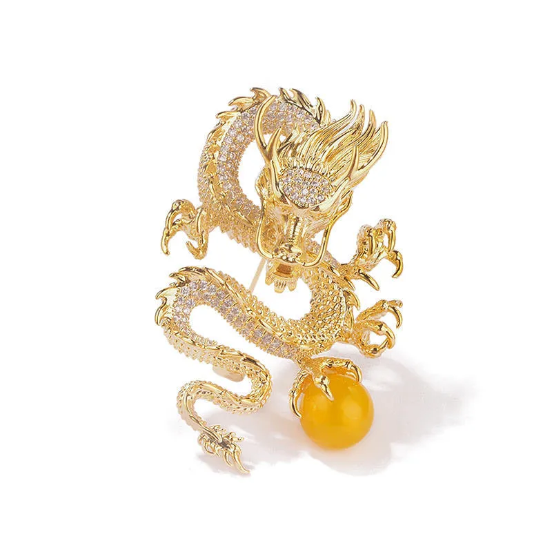 Golden Dragon Playing with Pearl - The Chinese Dragon Loong Brooch with CZ Zodiac Jewelry Gift