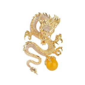 Golden Dragon Playing with Pearl - The Chinese Dragon Loong Brooch with CZ Zodiac Jewelry Gift