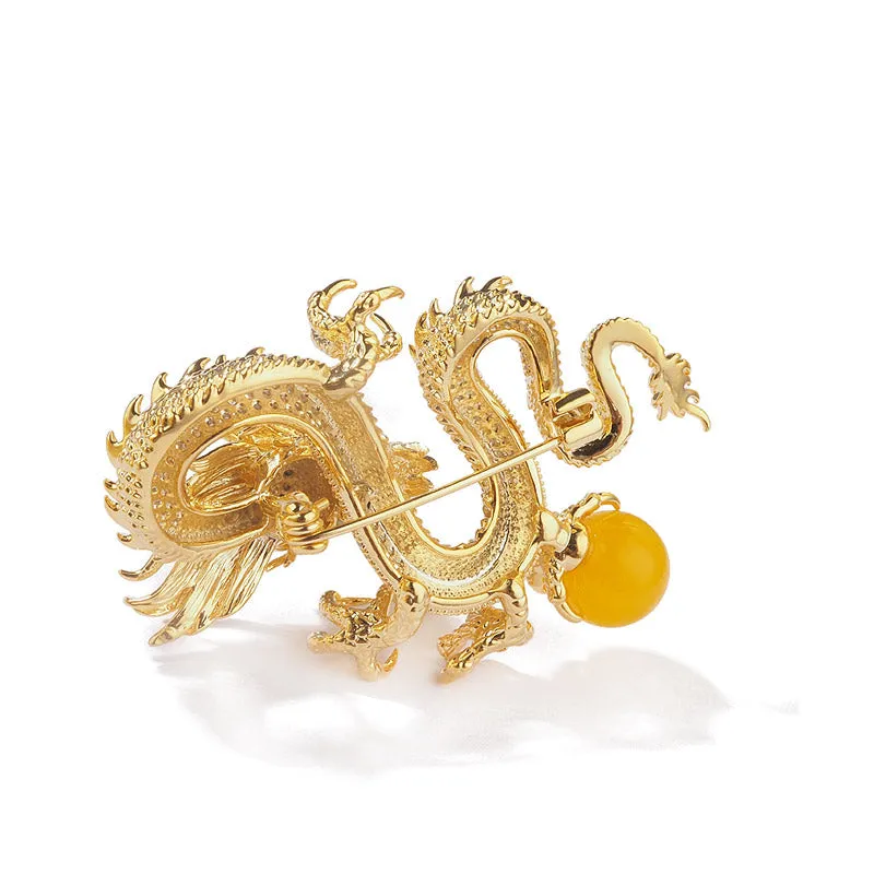 Golden Dragon Playing with Pearl - The Chinese Dragon Loong Brooch with CZ Zodiac Jewelry Gift