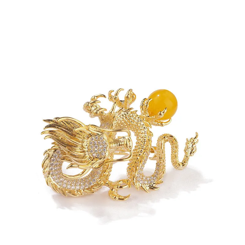 Golden Dragon Playing with Pearl - The Chinese Dragon Loong Brooch with CZ Zodiac Jewelry Gift