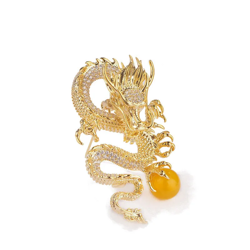 Golden Dragon Playing with Pearl - The Chinese Dragon Loong Brooch with CZ Zodiac Jewelry Gift