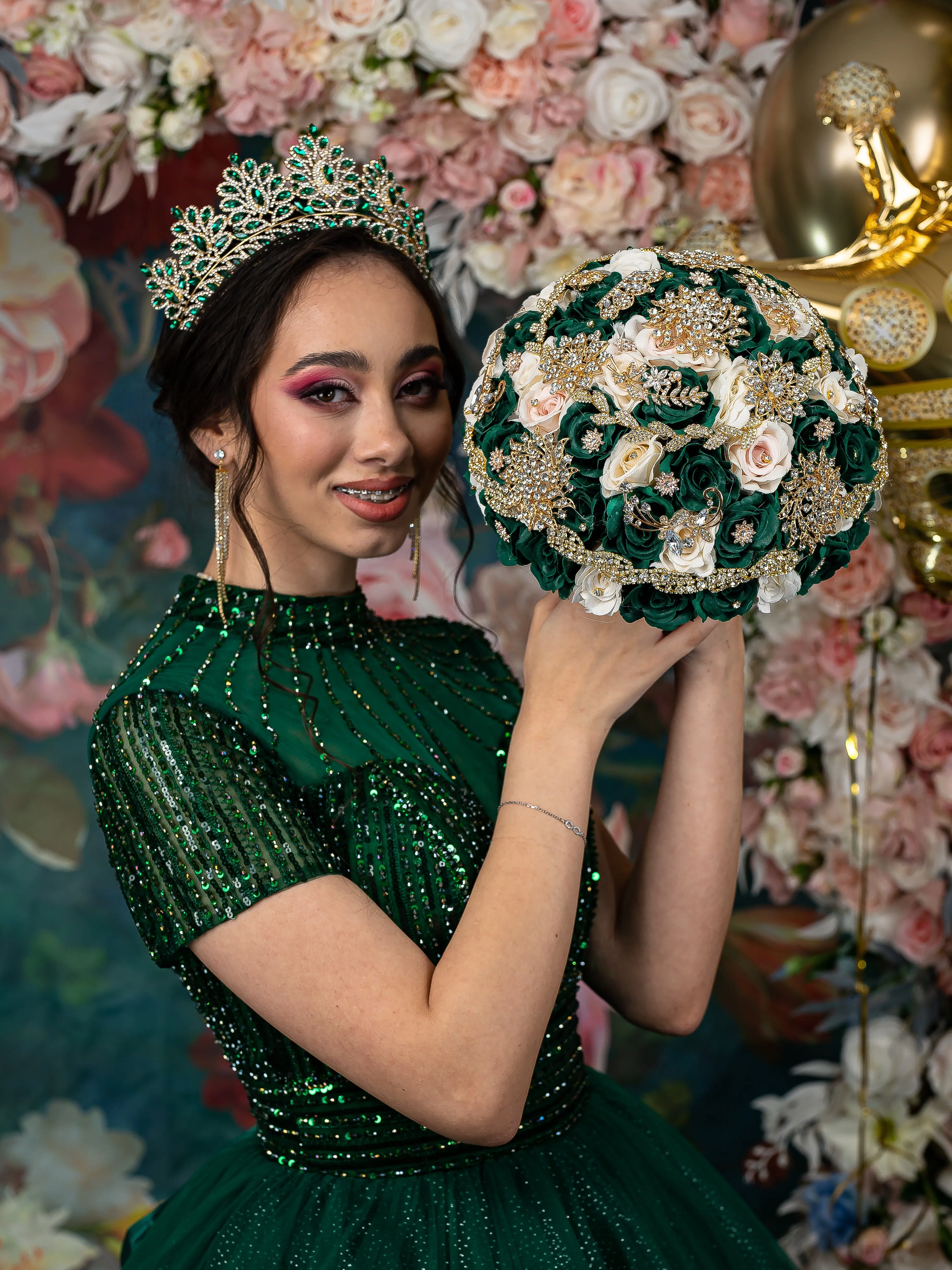 Green with ivory quinceanera bouquet 13 inches