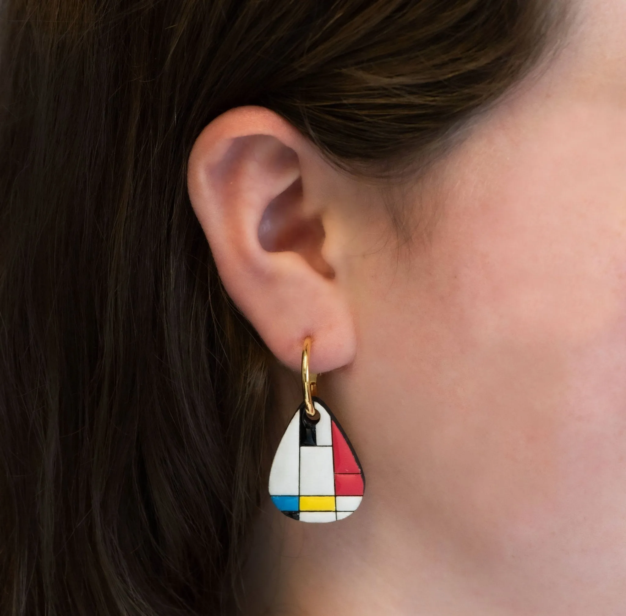 Hand-Painted Cherry Wood Piet Mondrian Art Hoop Earrings - PET15120