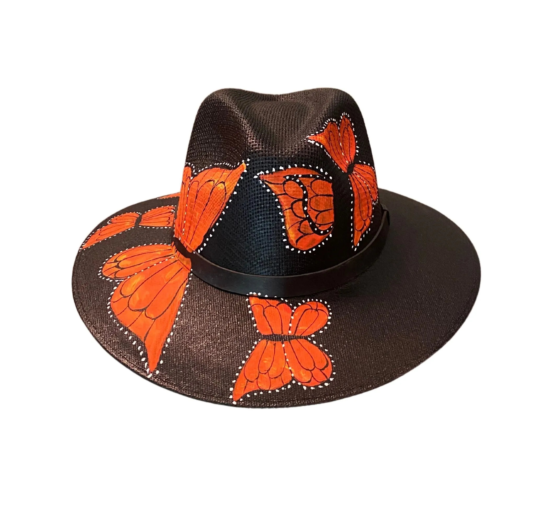 Hand-painted Hat from Mexico - Butterflies -Black, Orange