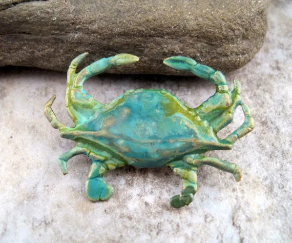 Handmade Verdigris Patina Crab Pin