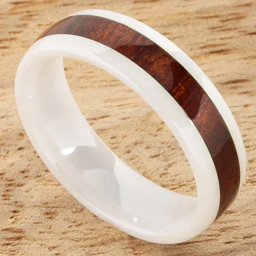 High Tech White Ceramic Natural Koa Wood Oval Wedding Ring 6mm