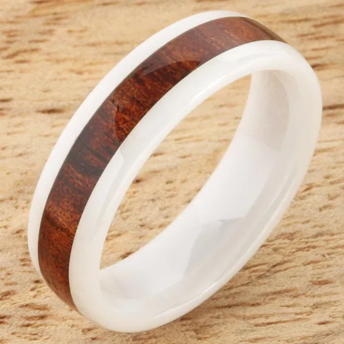 High Tech White Ceramic Natural Koa Wood Oval Wedding Ring 6mm