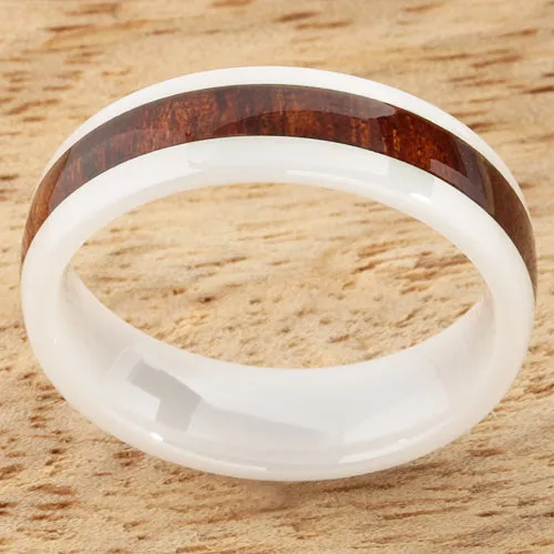 High Tech White Ceramic Natural Koa Wood Oval Wedding Ring 6mm