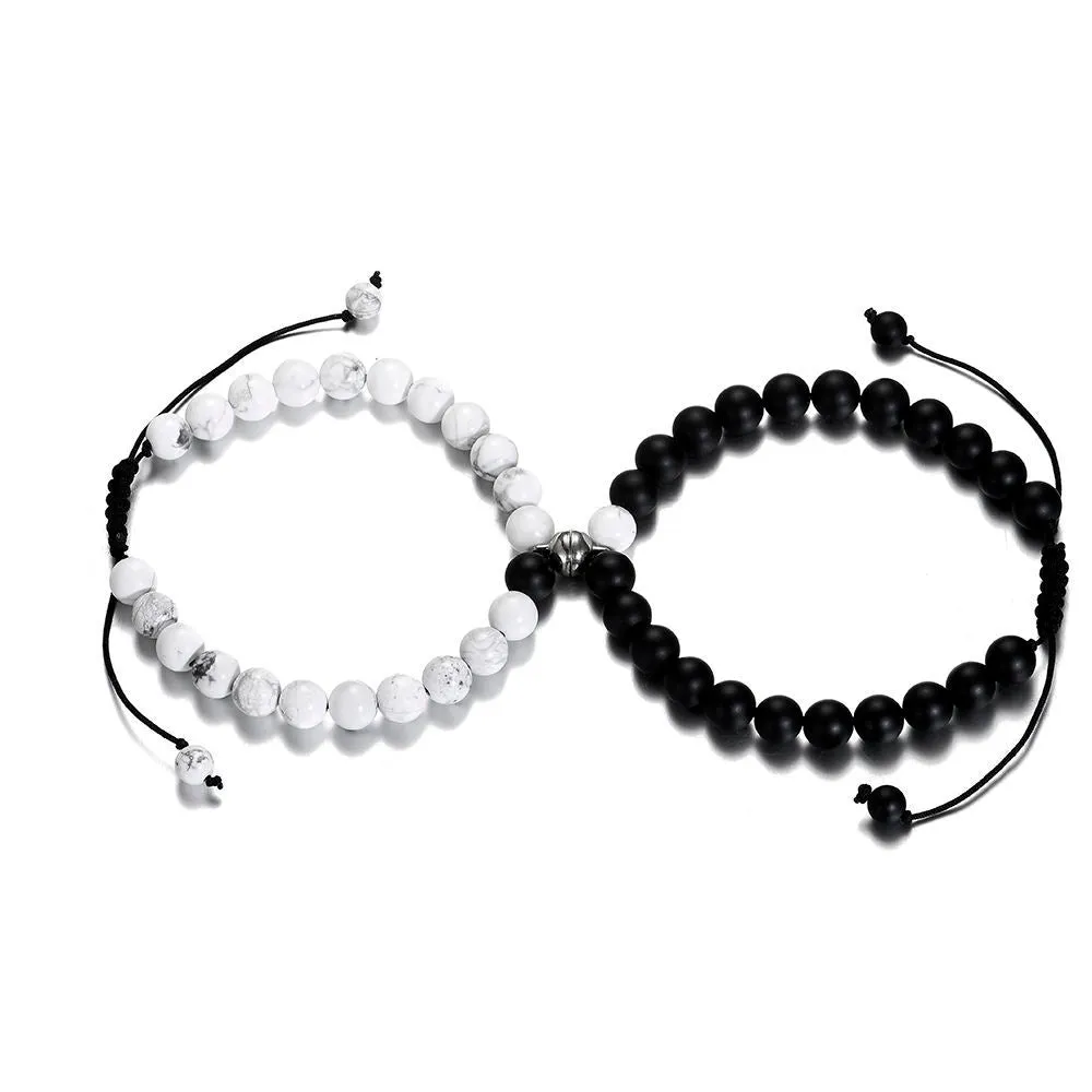 Howlite and Matte Black Agate Magnetic Couple Bracelets with black rope