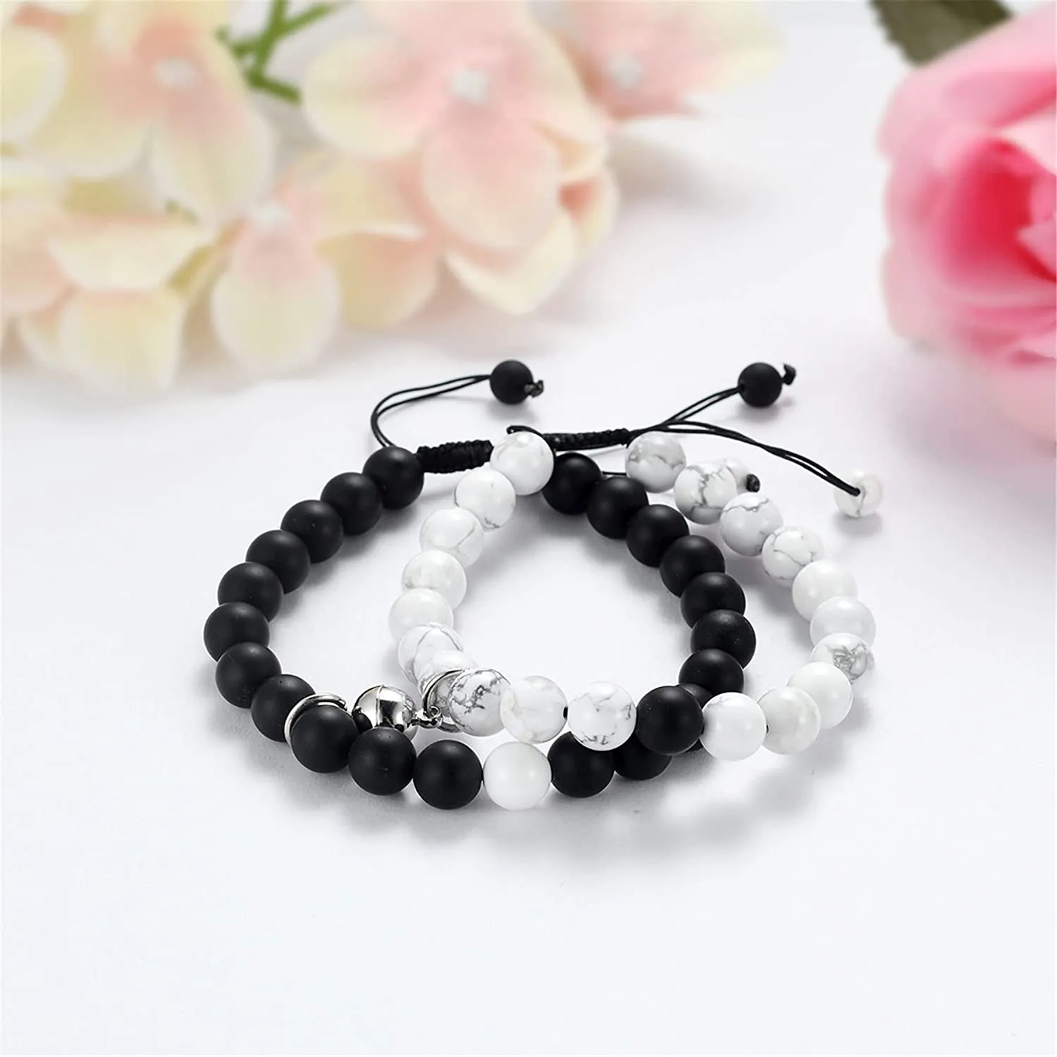 Howlite and Matte Black Agate Magnetic Couple Bracelets with black rope