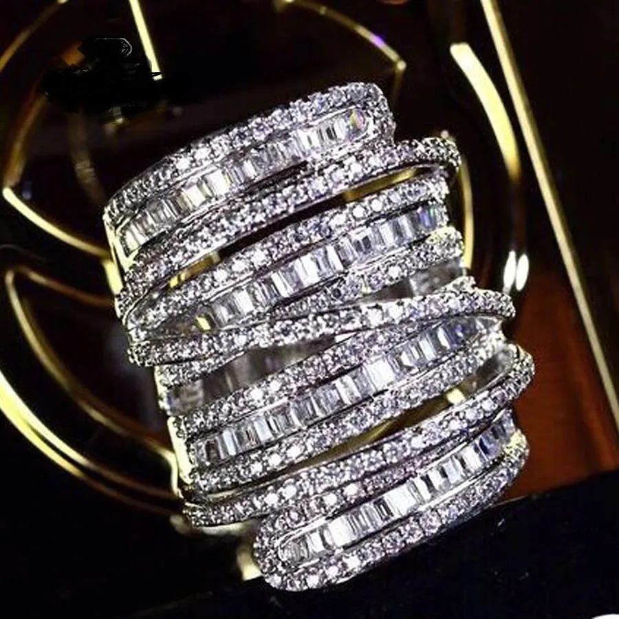 Huge Multi Row Baguette White Sapphire Crossover Statement Ring