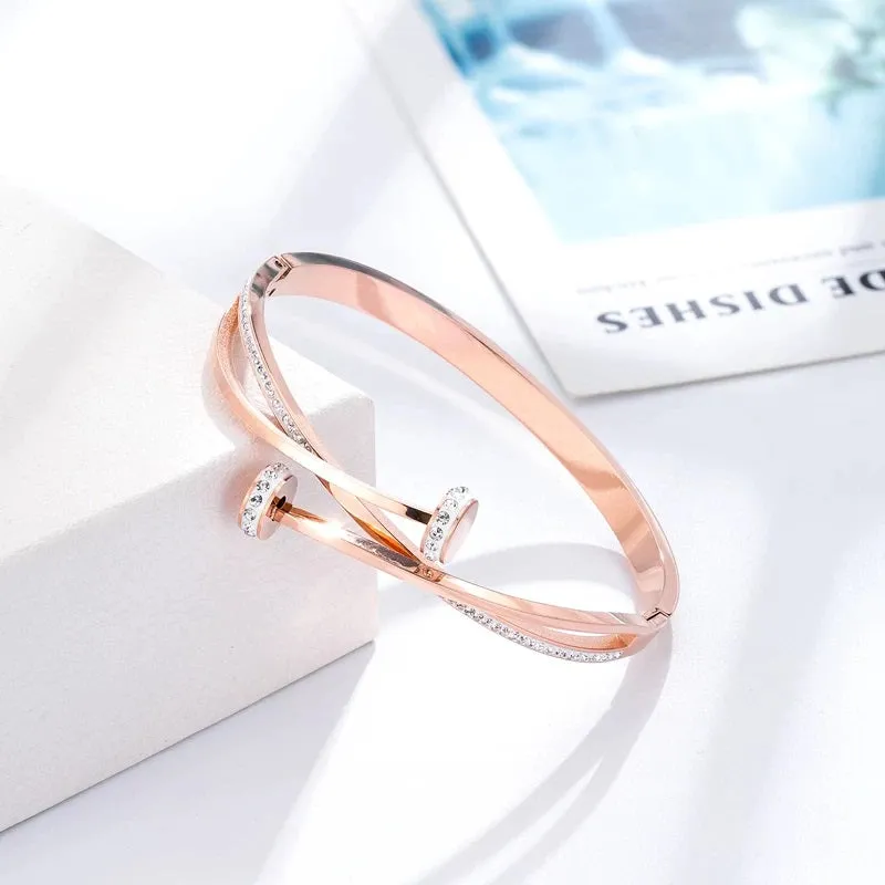 Iced CZ Double Nail Head Hinged Bangle Bracelet