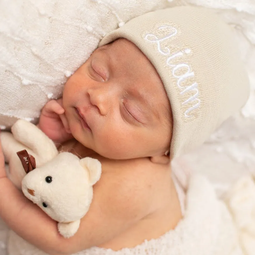 ilybean Personalized Shadow Stitch Blue, Pink or White Hospital Newborn Hospital Hat Nursery Beanie