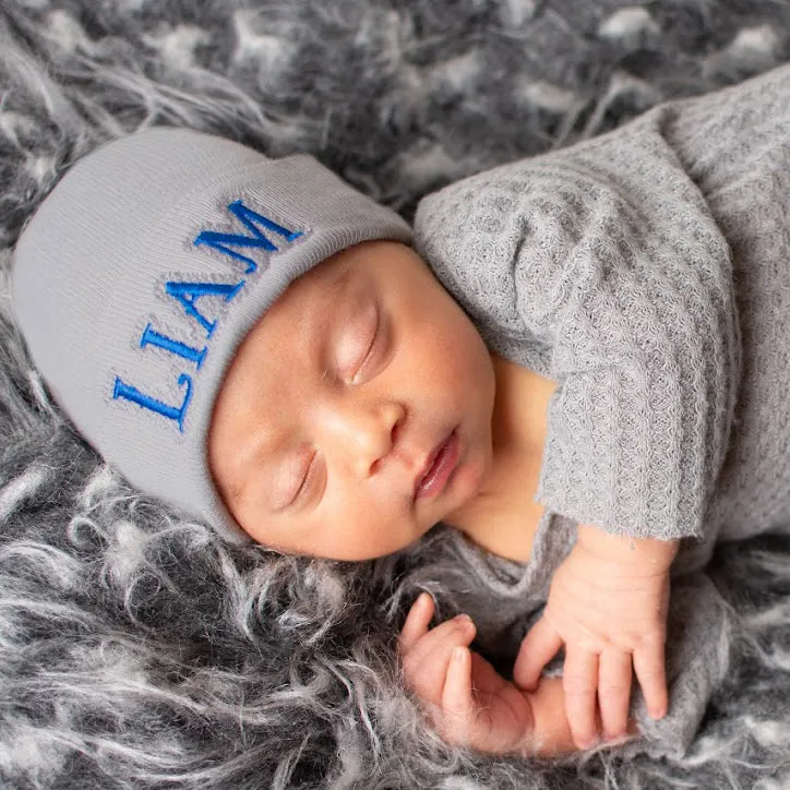 ilybean Personalized Shadow Stitch Blue, Pink or White Hospital Newborn Hospital Hat Nursery Beanie