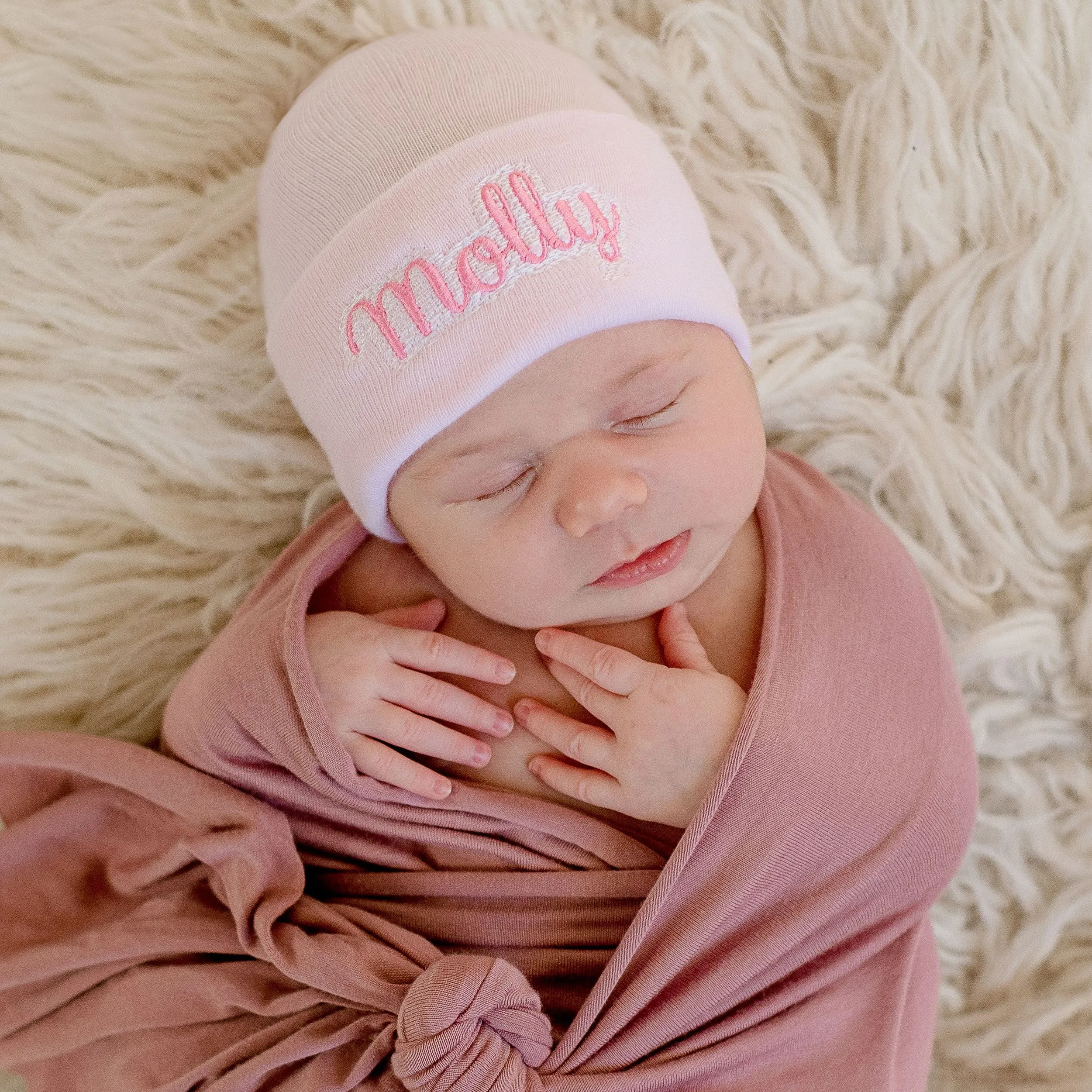 ilybean Personalized Shadow Stitch Blue, Pink or White Hospital Newborn Hospital Hat Nursery Beanie