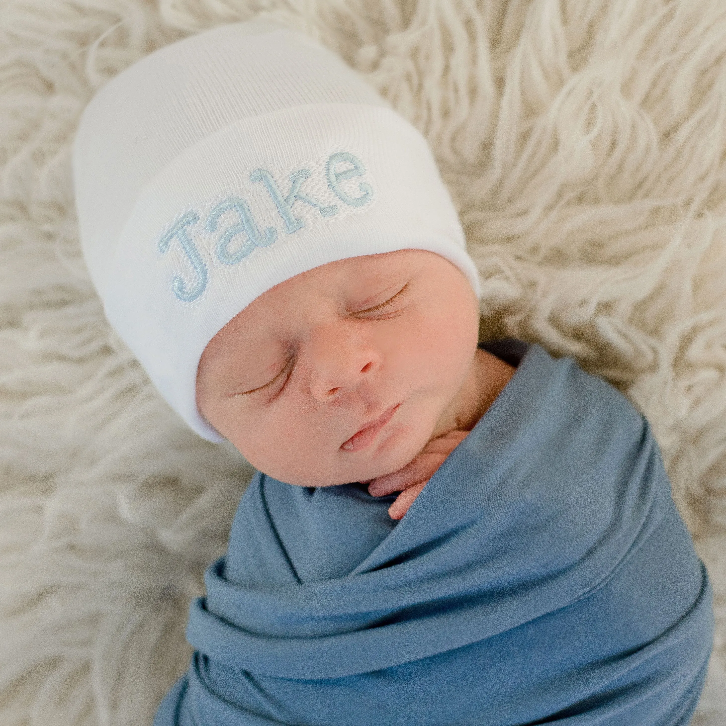 ilybean Personalized Shadow Stitch Blue, Pink or White Hospital Newborn Hospital Hat Nursery Beanie