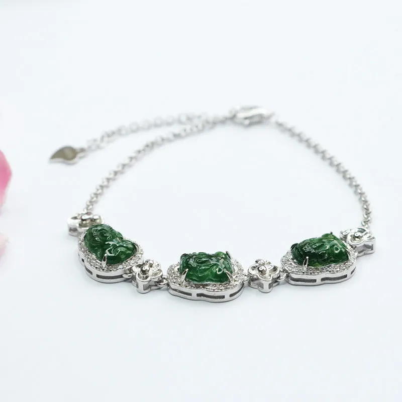 Imperial Green Pixiu Bracelet with Natural Ice Jade Inlay