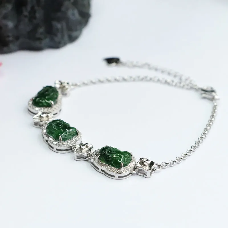 Imperial Green Pixiu Bracelet with Natural Ice Jade Inlay