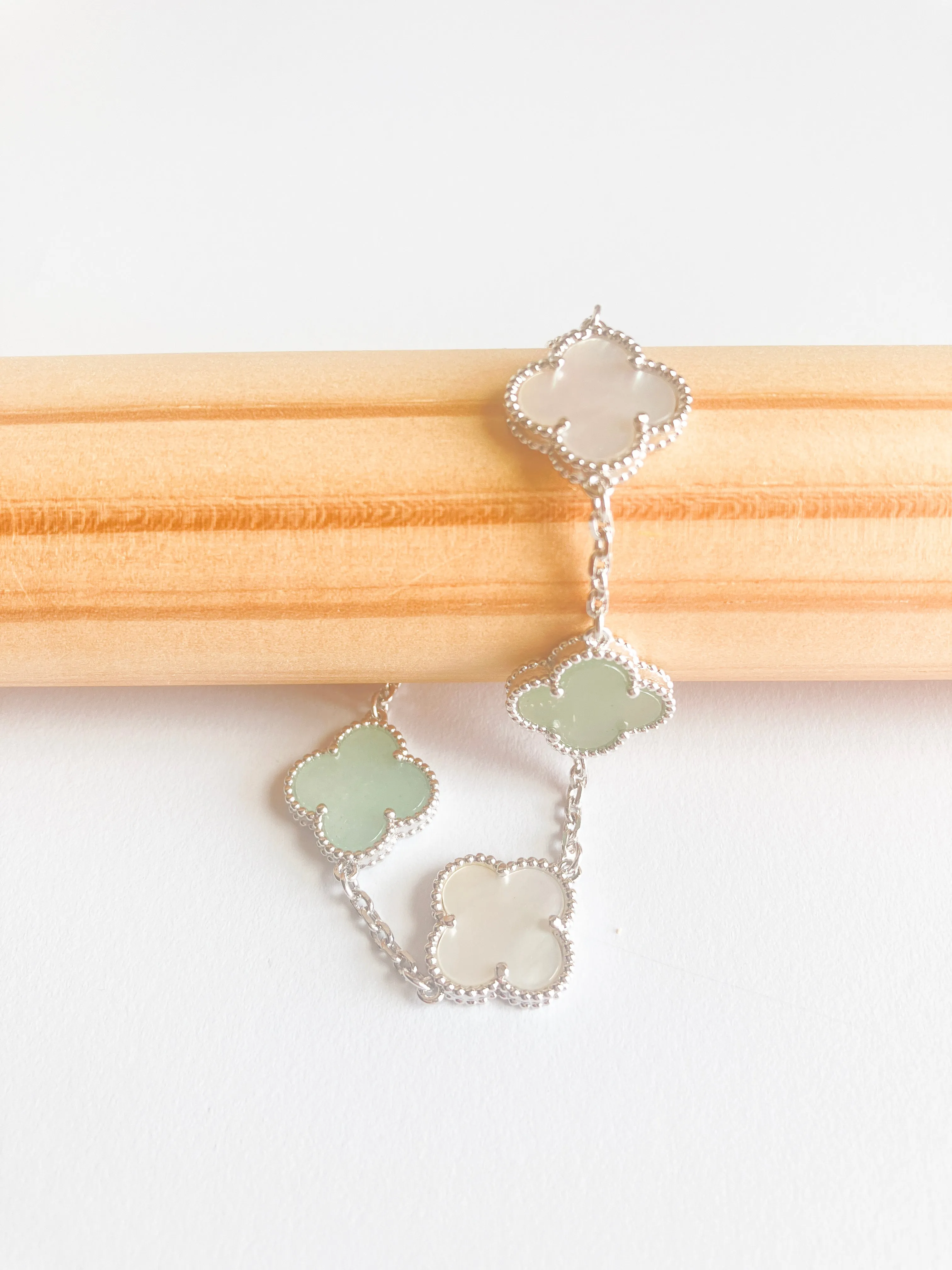 Jade and Mother of Pearl Quatrefoil Bracelet in Silver