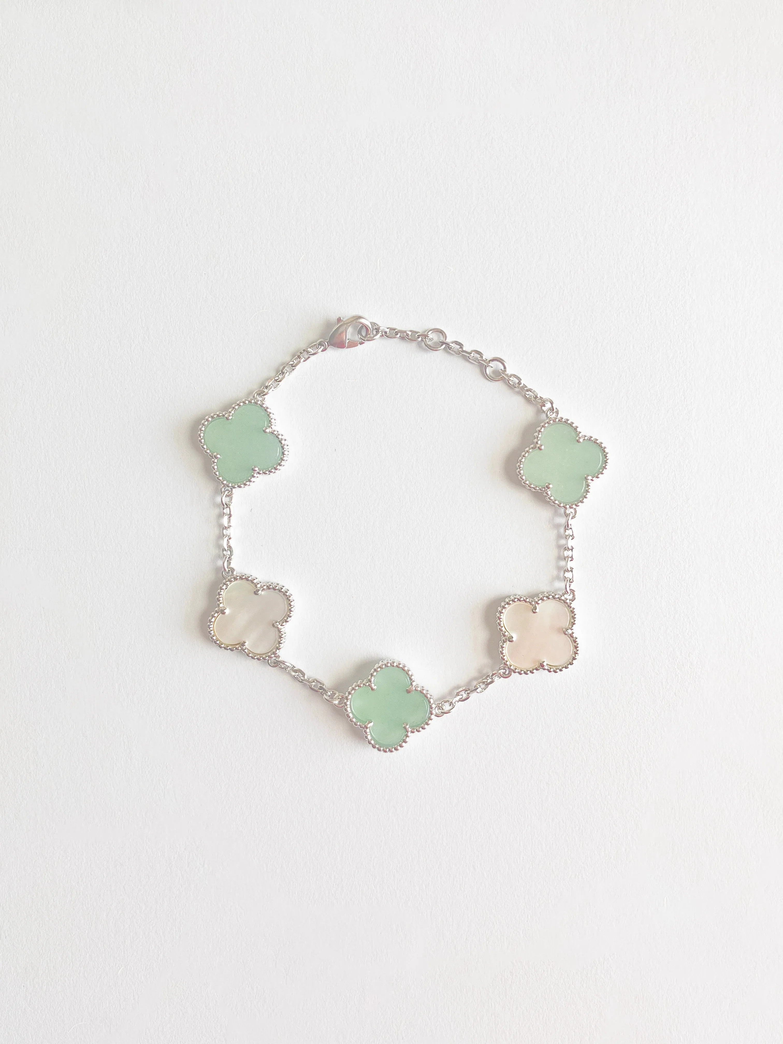 Jade and Mother of Pearl Quatrefoil Bracelet in Silver