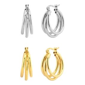 KESLEY Hoop Earrings Chunky Triple Layered Stacked Jewelry Hypoallergenic Sterling Silver and Real Gold Plated