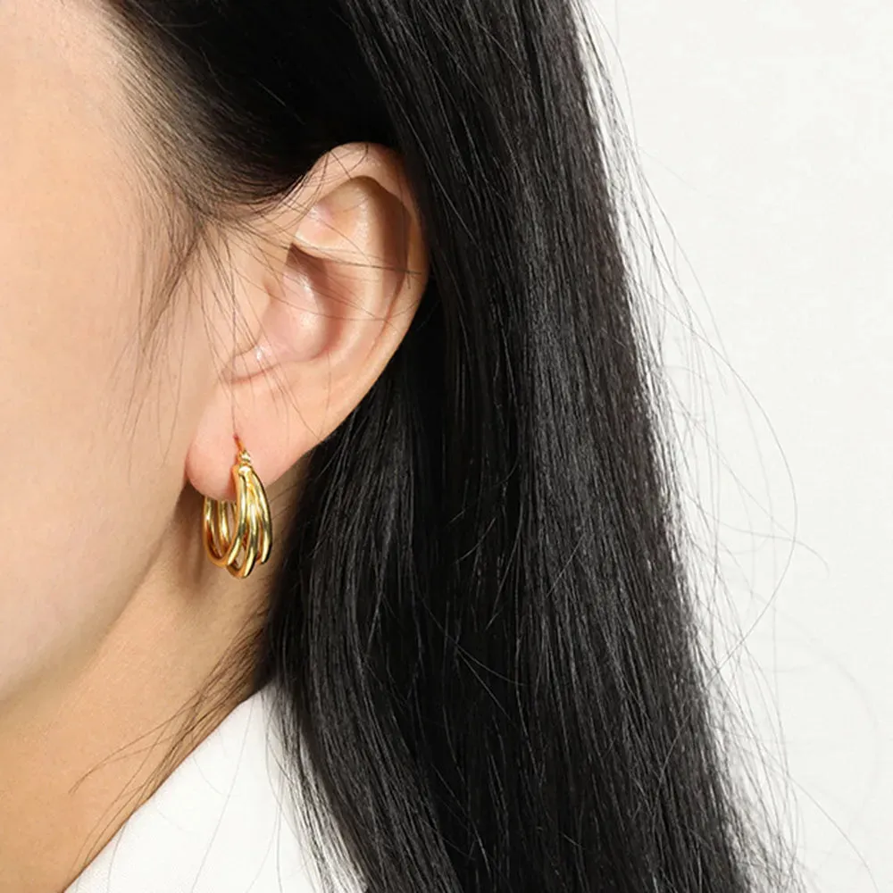 KESLEY Hoop Earrings Chunky Triple Layered Stacked Jewelry Hypoallergenic Sterling Silver and Real Gold Plated