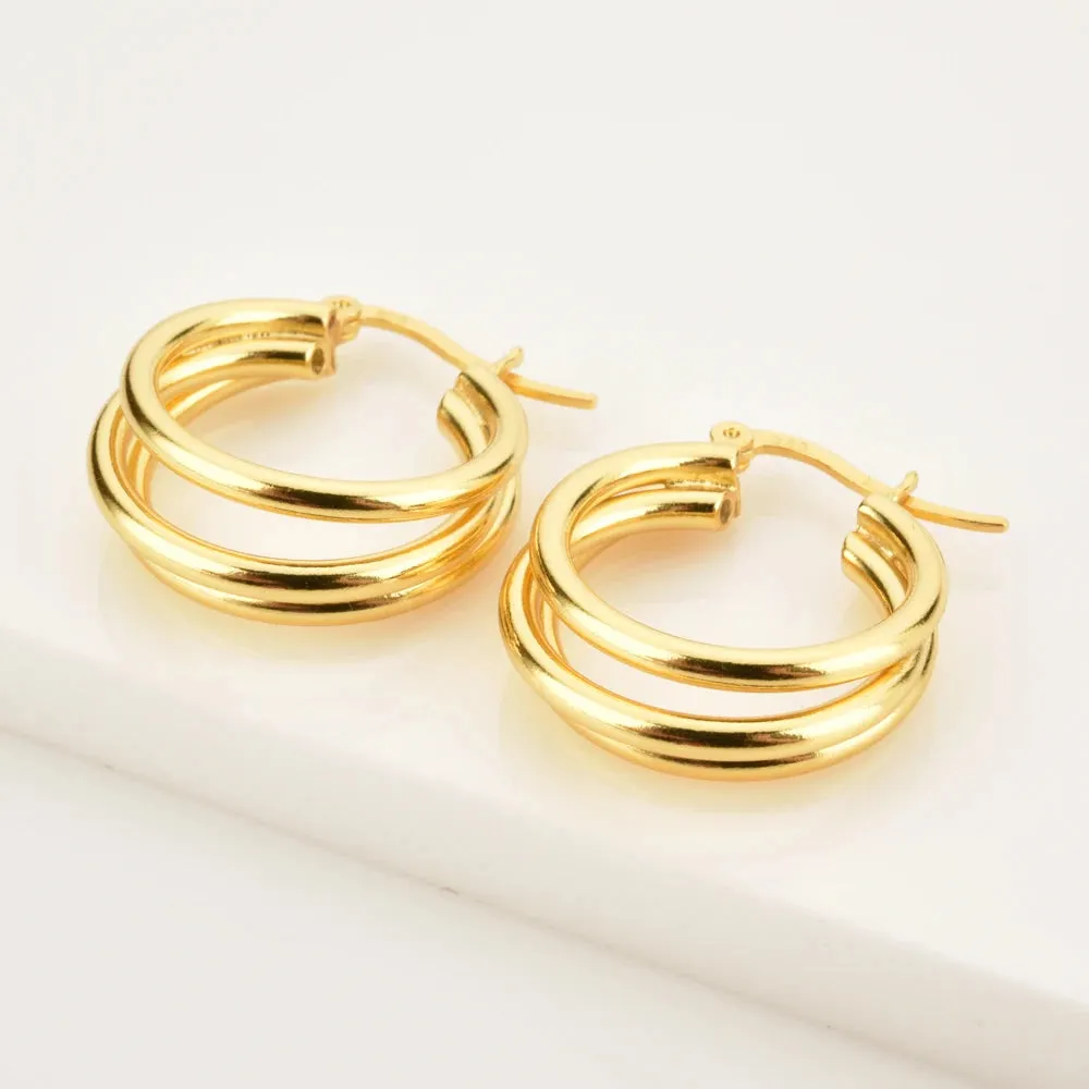 KESLEY Hoop Earrings Chunky Triple Layered Stacked Jewelry Hypoallergenic Sterling Silver and Real Gold Plated