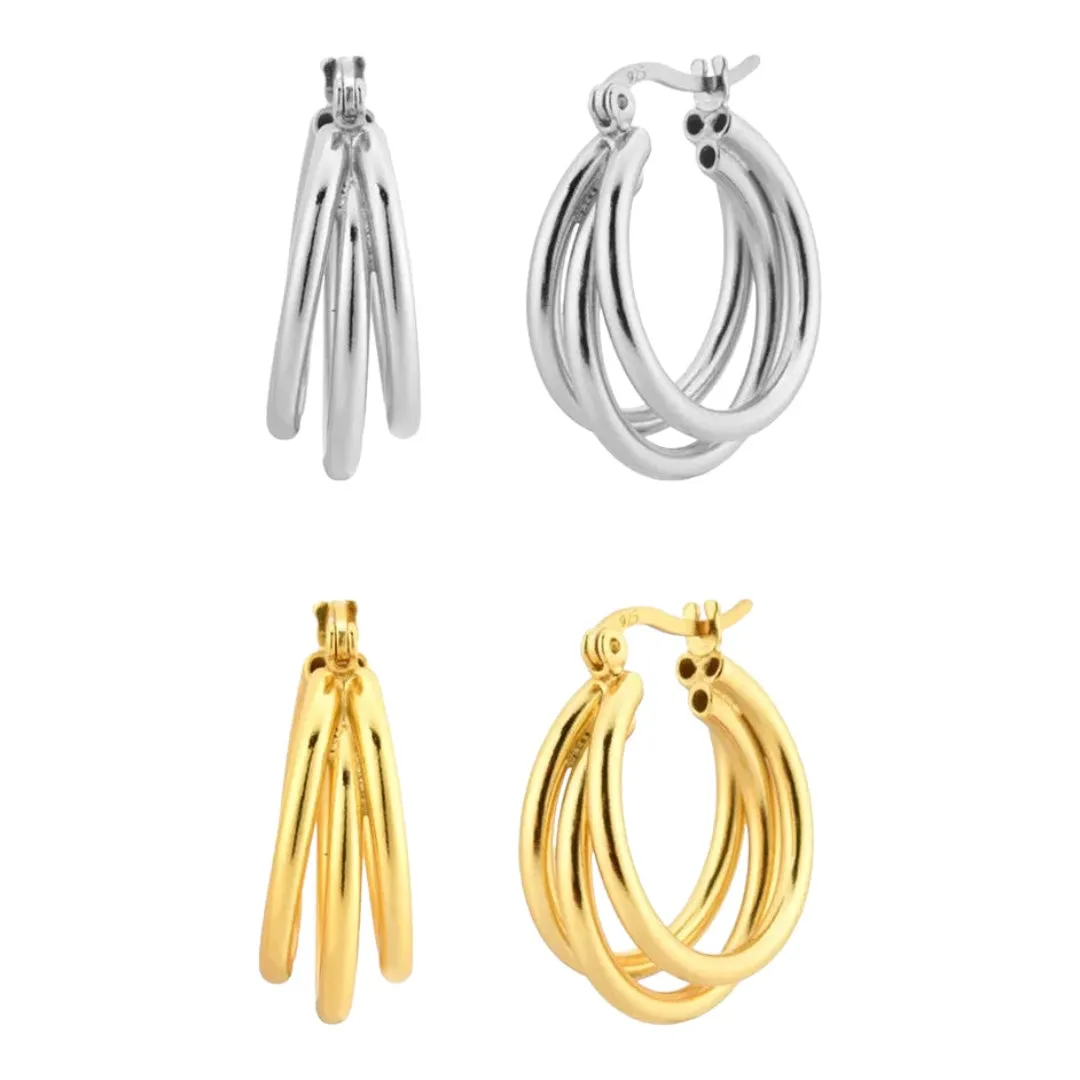 KESLEY Hoop Earrings Chunky Triple Layered Stacked Jewelry Hypoallergenic Sterling Silver and Real Gold Plated