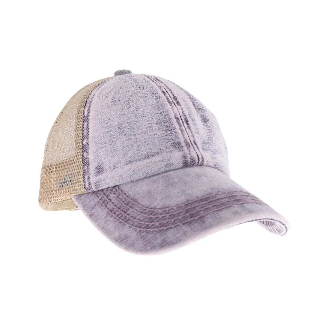 Kids Stone Washed Denim Criss Cross High Pony C.C Baseball Hat