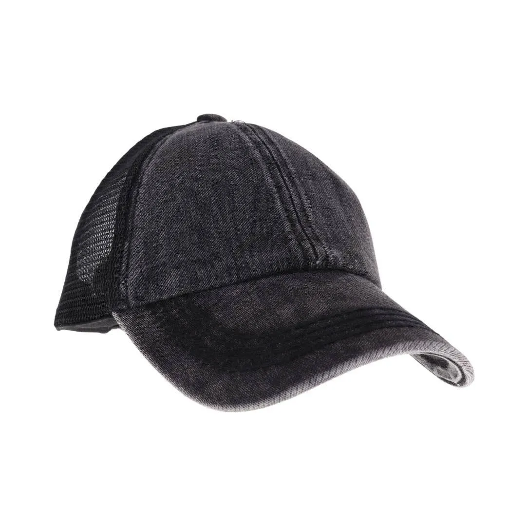 Kids Stone Washed Denim Criss Cross High Pony C.C Baseball Hat