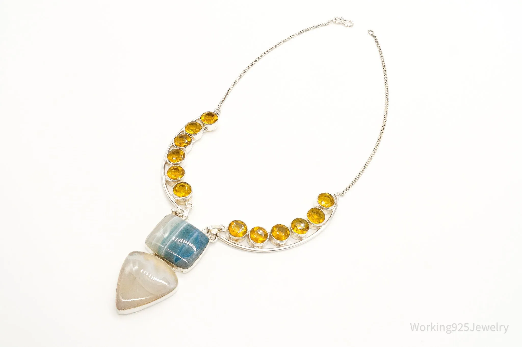 Large Lace Agate Citrine Sterling Silver Necklace