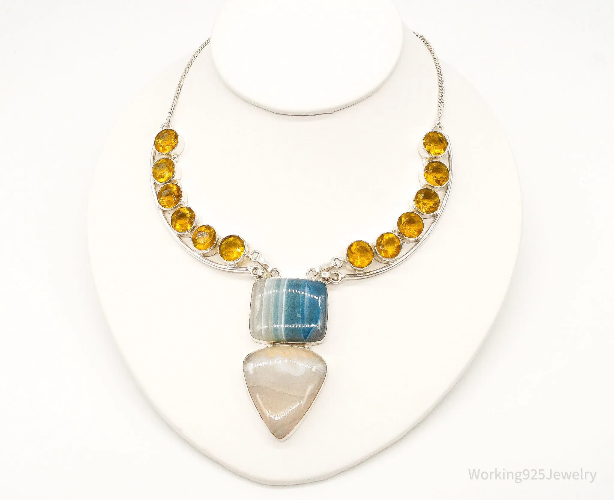 Large Lace Agate Citrine Sterling Silver Necklace