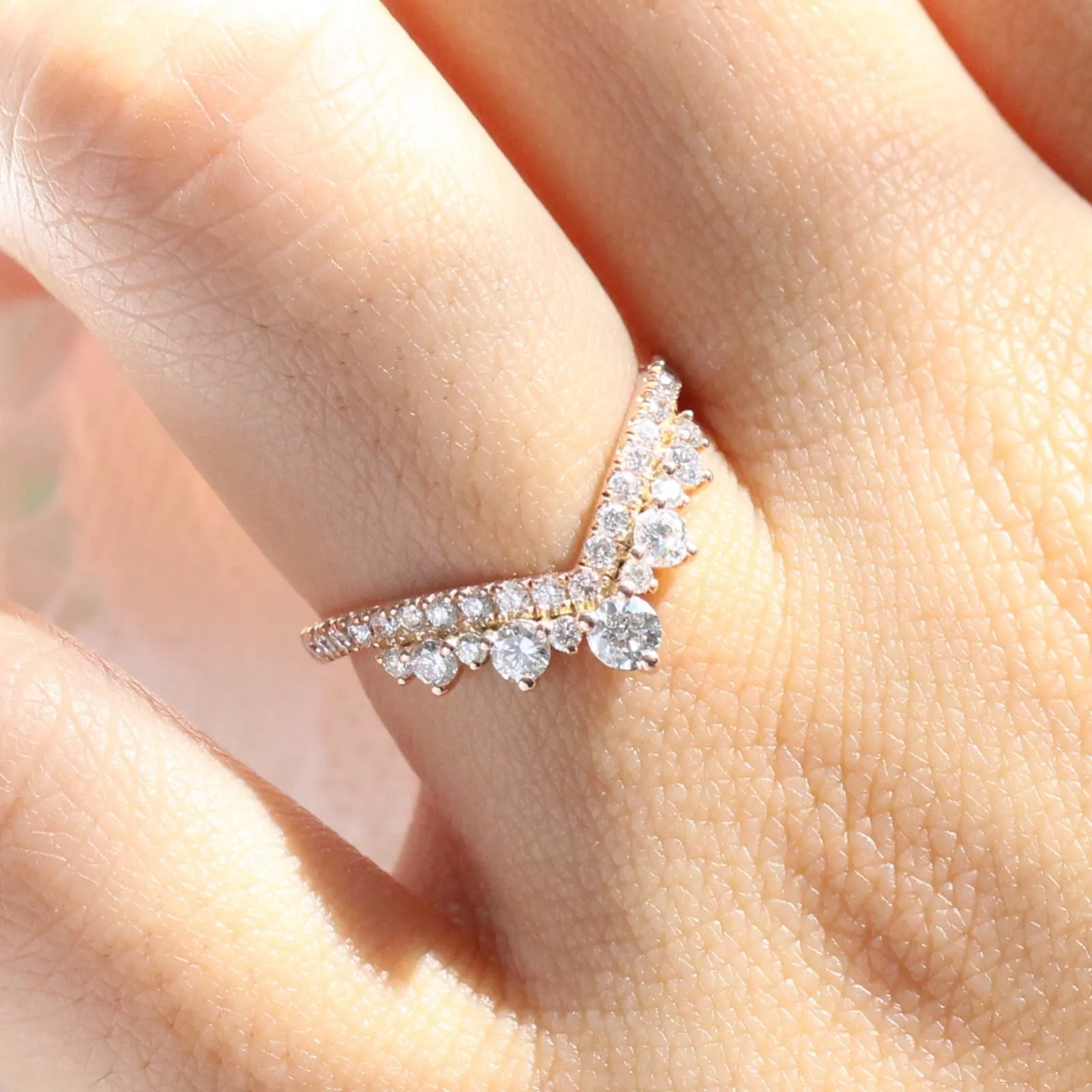 Large Tiara Diamond Wedding Ring in Deep V Shaped Pave Band