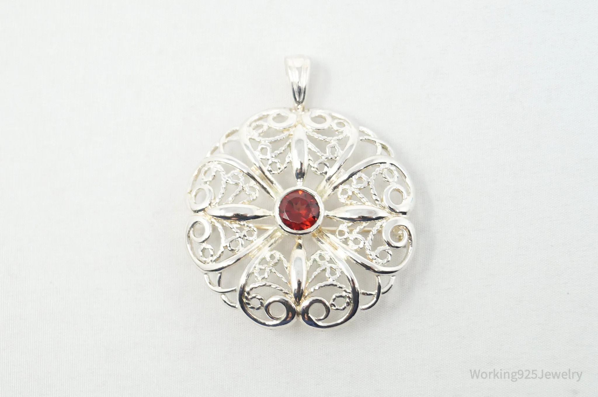 Large Vintage Red Garnet Floral Sterling Silver Brooch Pendant