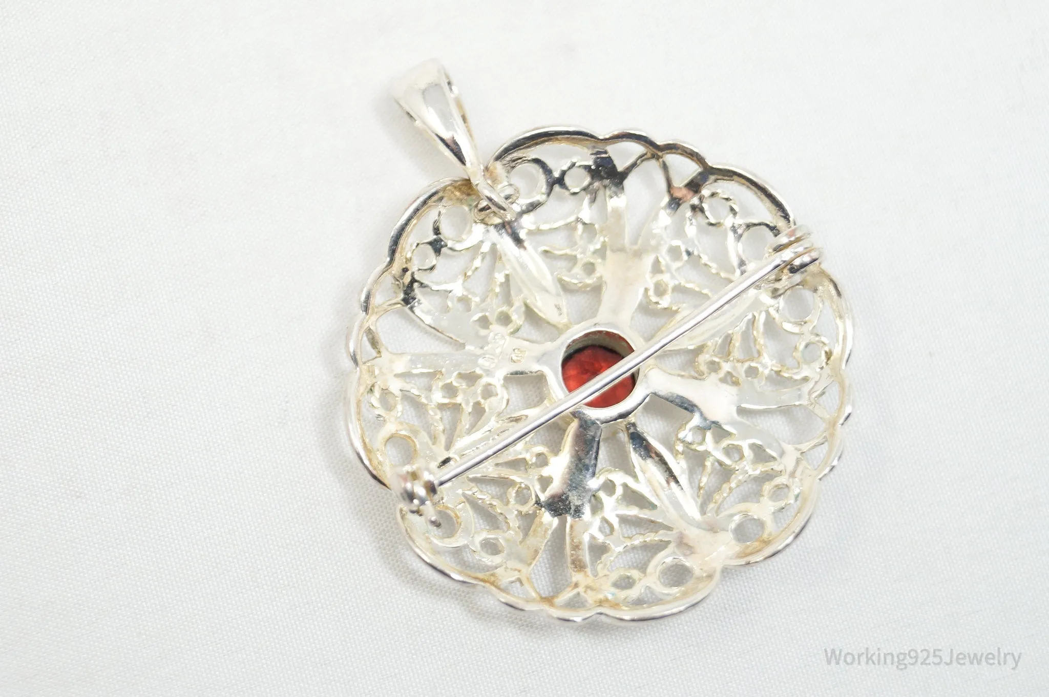 Large Vintage Red Garnet Floral Sterling Silver Brooch Pendant