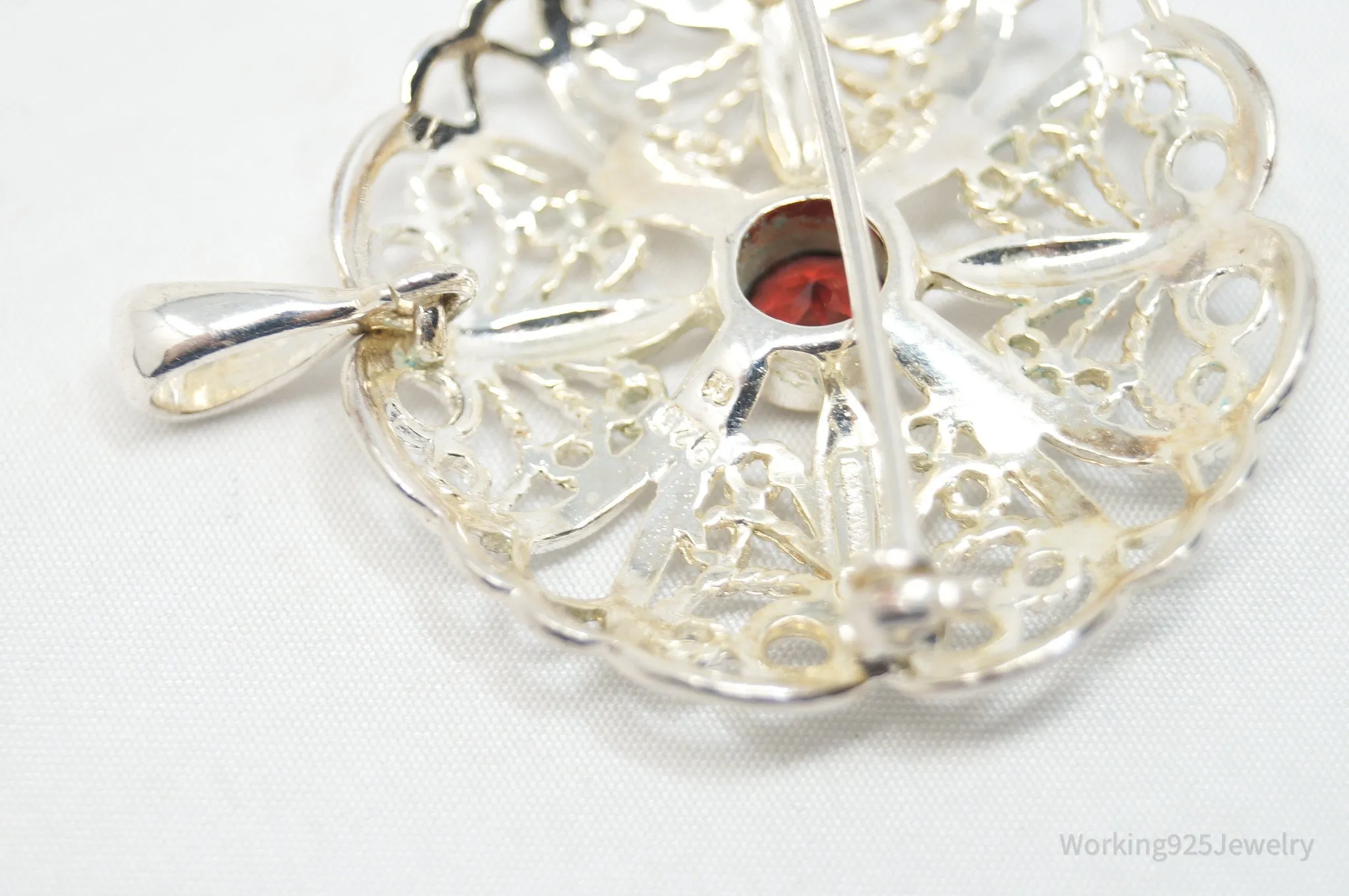 Large Vintage Red Garnet Floral Sterling Silver Brooch Pendant