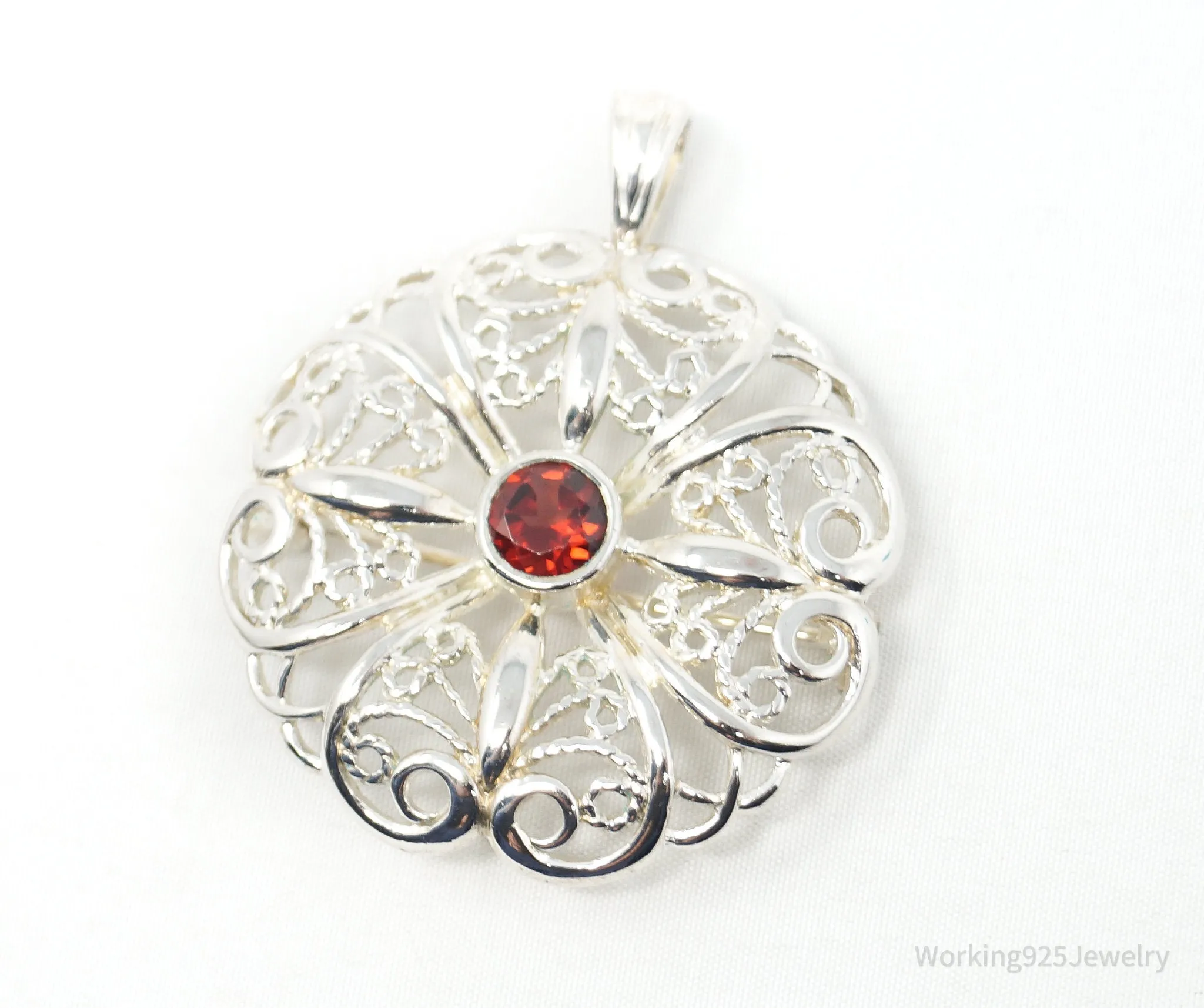 Large Vintage Red Garnet Floral Sterling Silver Brooch Pendant