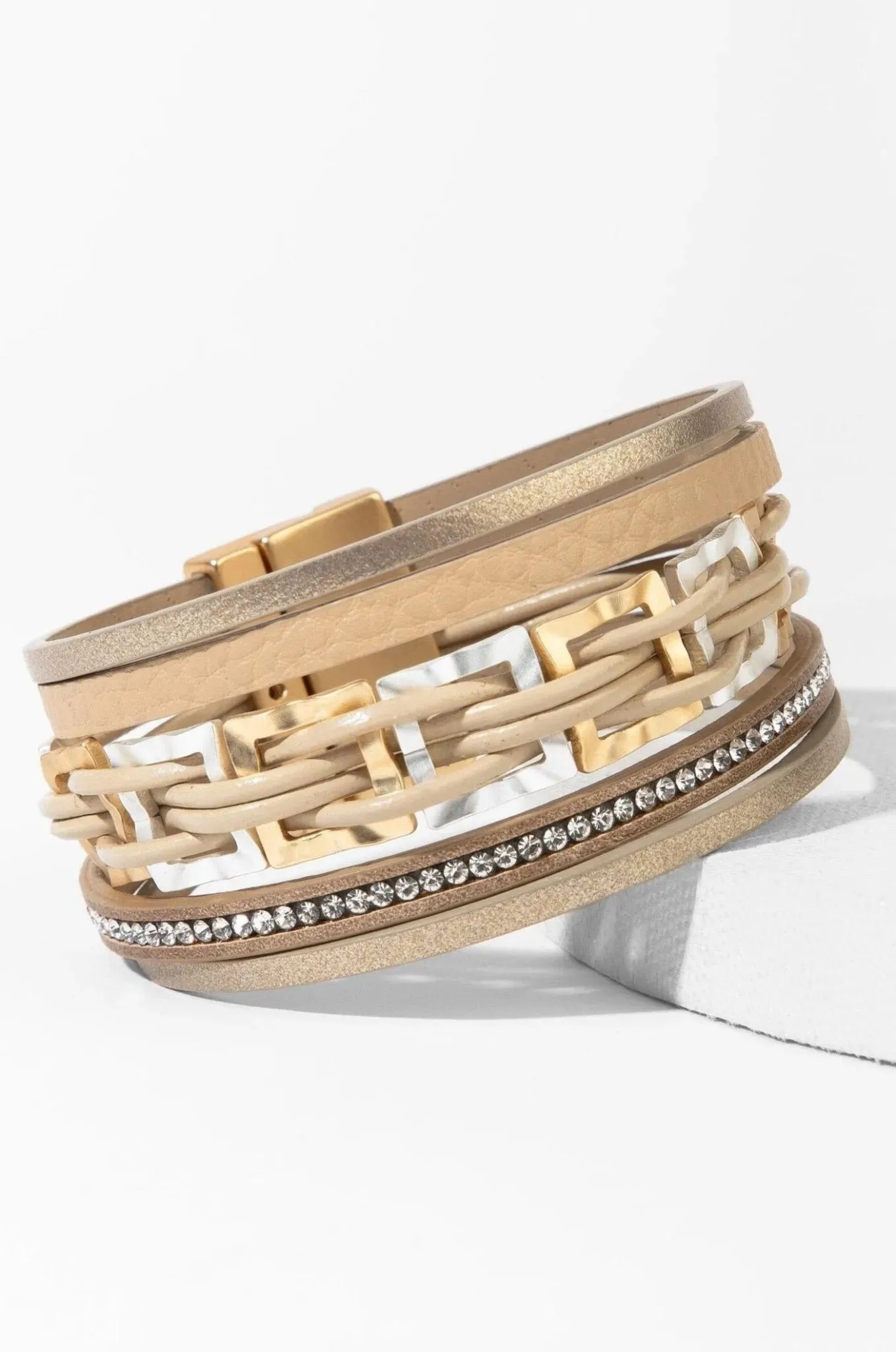 Leather Multi Strand Square Plated Bracelet