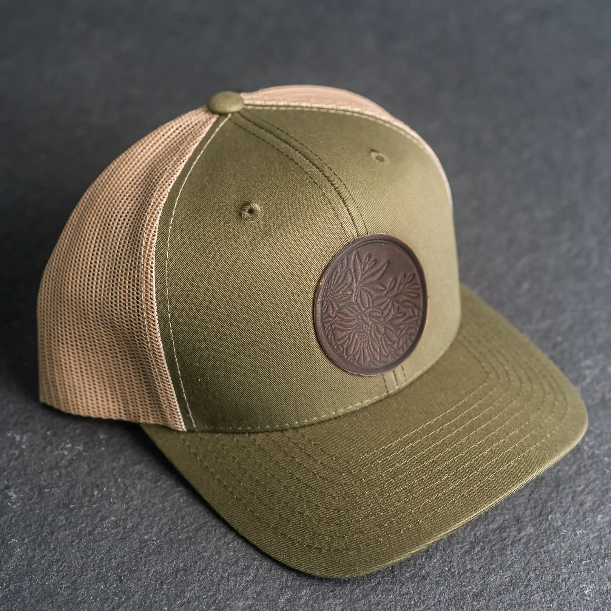 Leather Patch Trucker Style Hat - Circle Patch - Floral Stamp