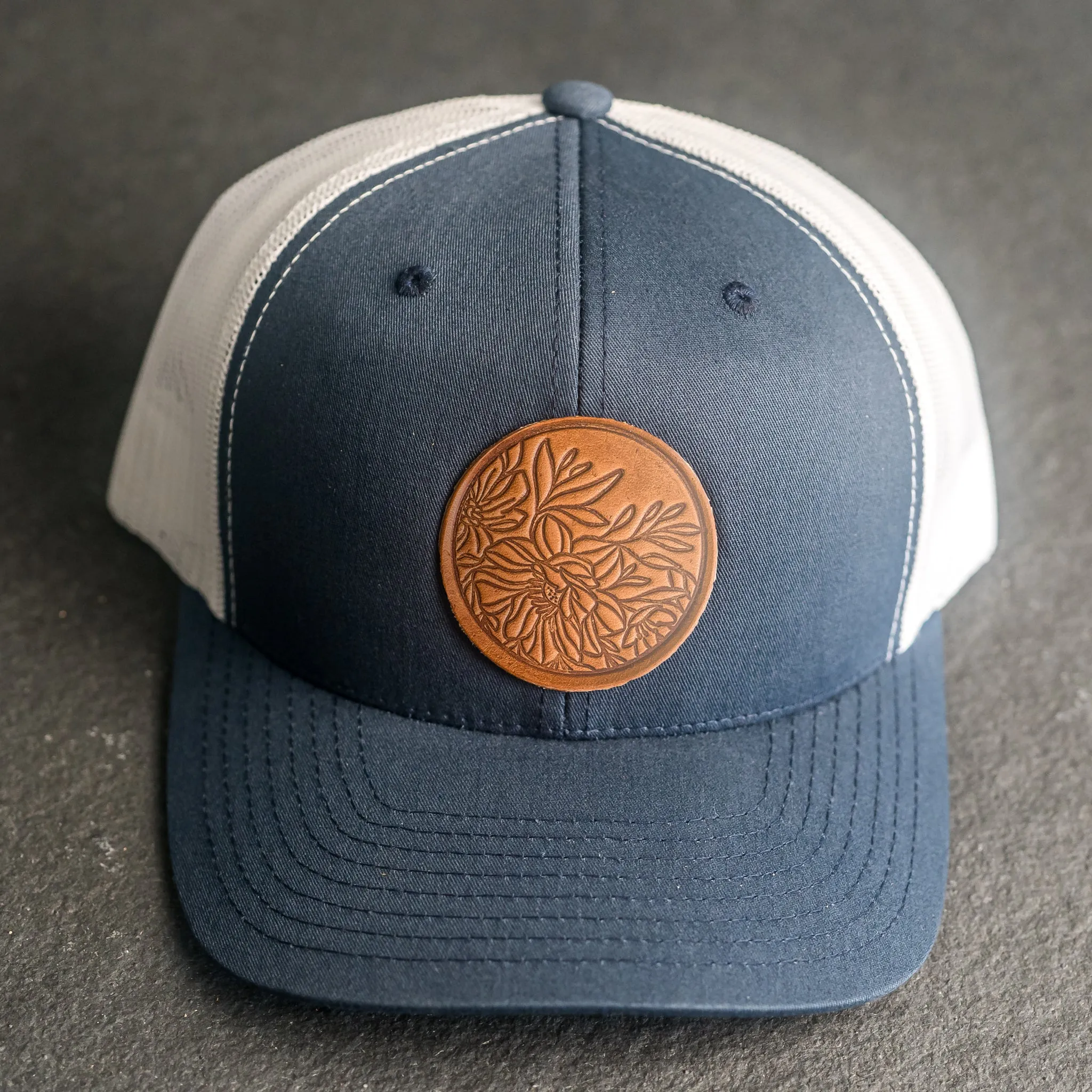 Leather Patch Trucker Style Hat - Circle Patch - Floral Stamp