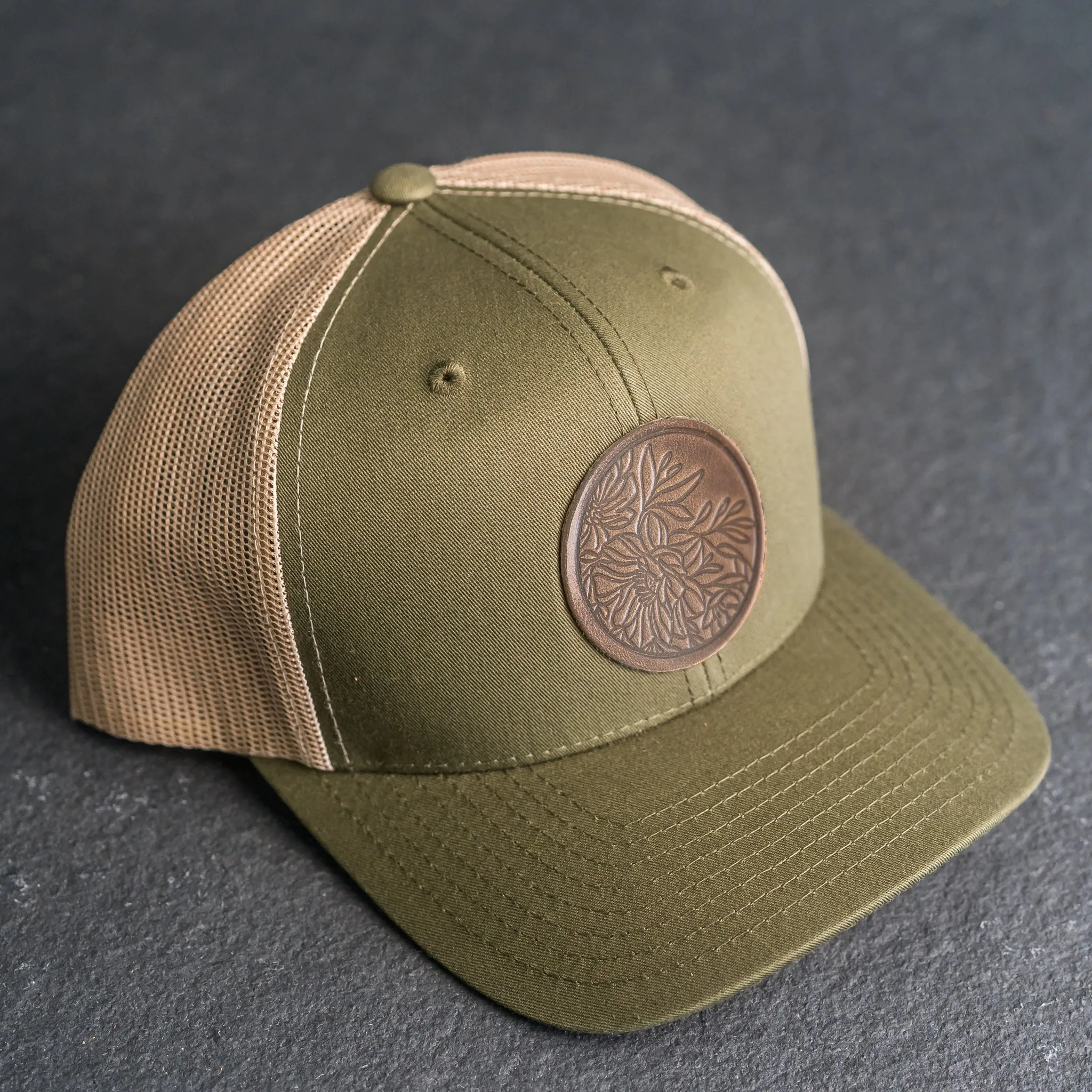 Leather Patch Trucker Style Hat - Circle Patch - Floral Stamp