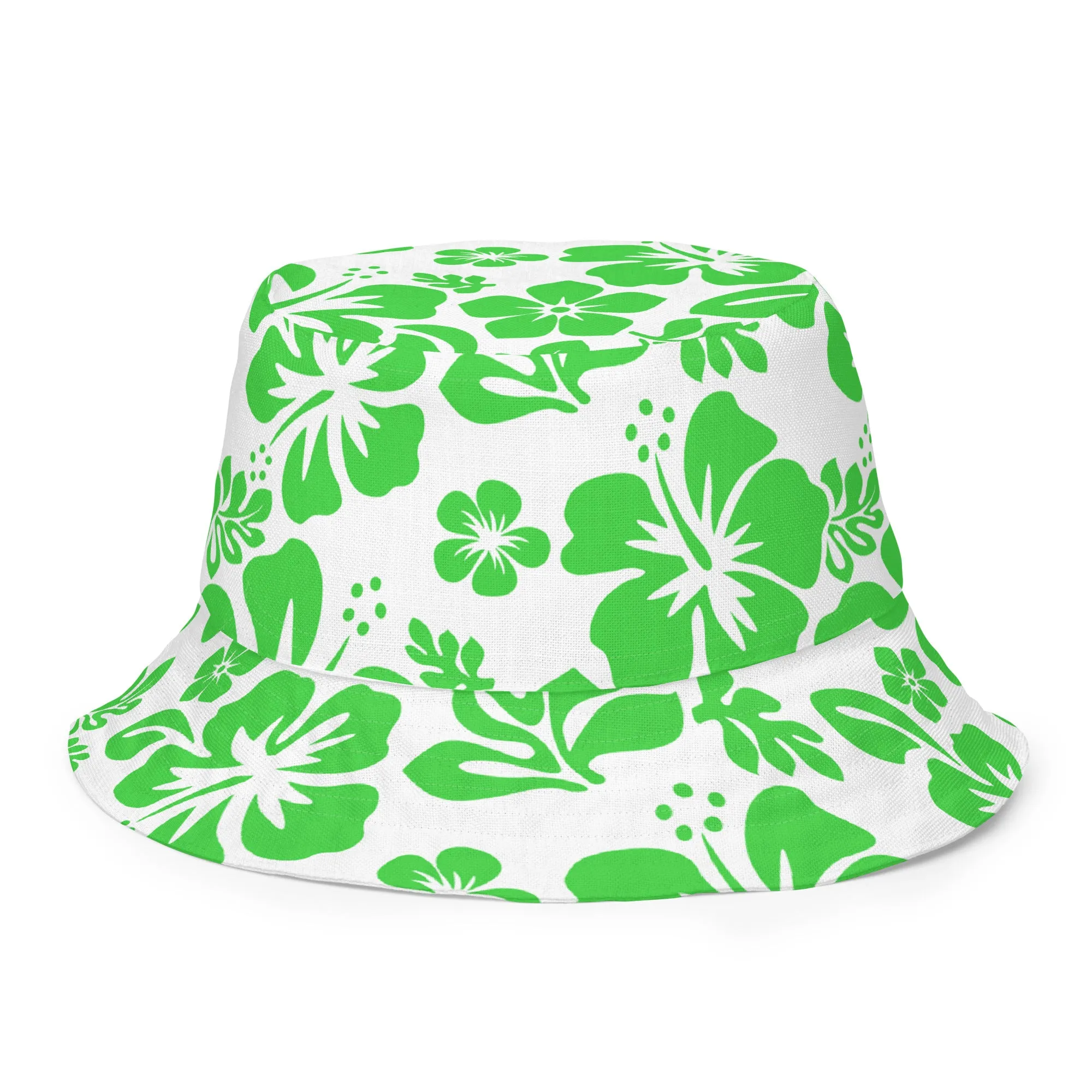 Lime Green and White Hawaiian Flowers Reversible Bucket Hat