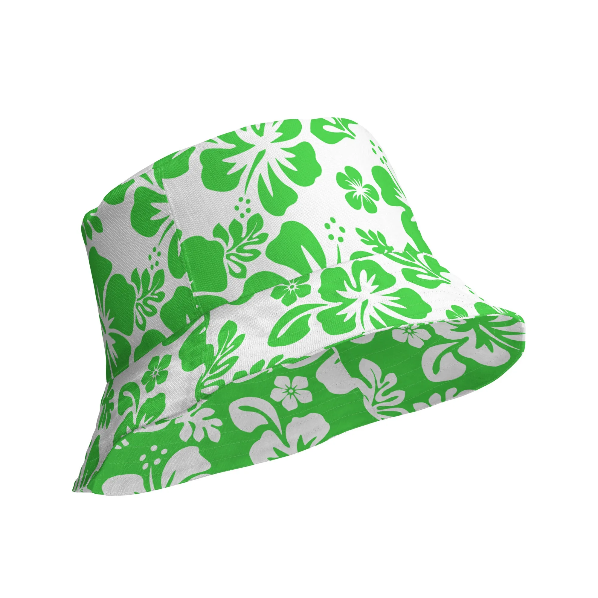 Lime Green and White Hawaiian Flowers Reversible Bucket Hat