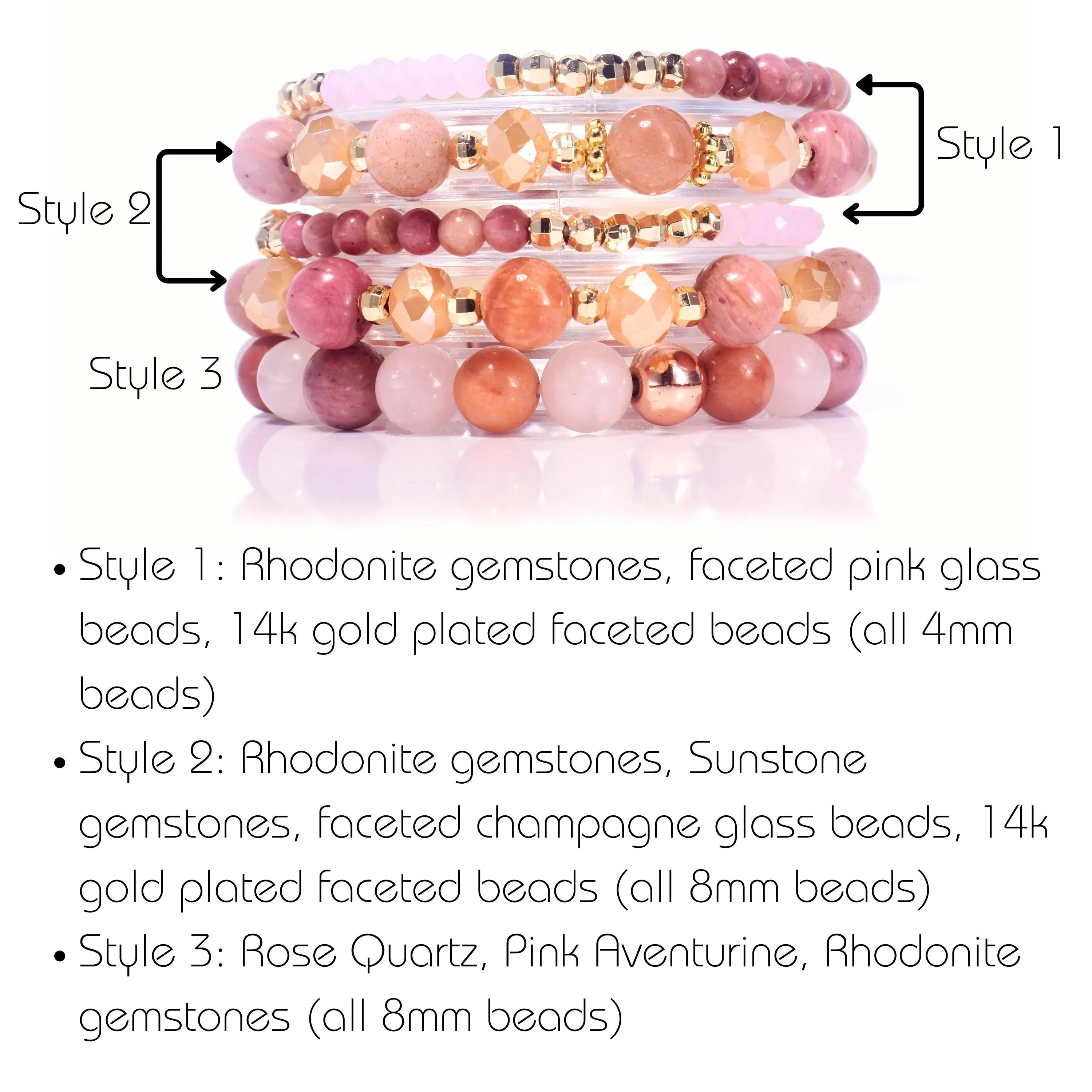 Love & Light Rhodonite Sunstone Rose Quartz Build-Your-Own Bracelet Set