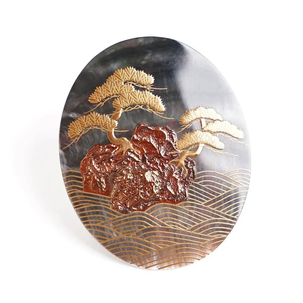 Maki-e Urushi Lacquer Brooch - Black Lip Oyster Pearl Shell / Pine Tree -, Traditional Japanese Urushi Lacquer Jewelry