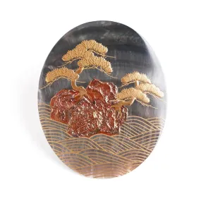 Maki-e Urushi Lacquer Brooch - Black Lip Oyster Pearl Shell / Pine Tree -, Traditional Japanese Urushi Lacquer Jewelry