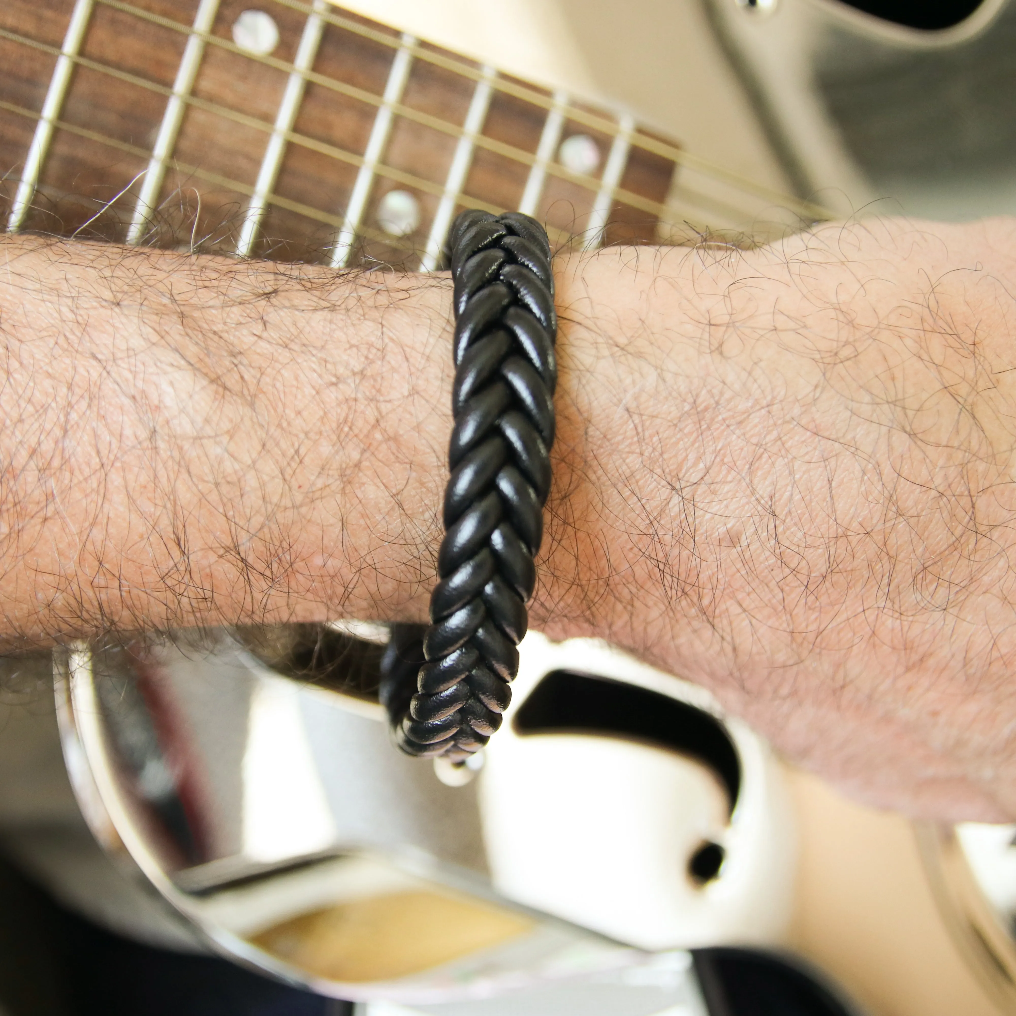 Mattew Black Leather Stainless Steel Bracelet