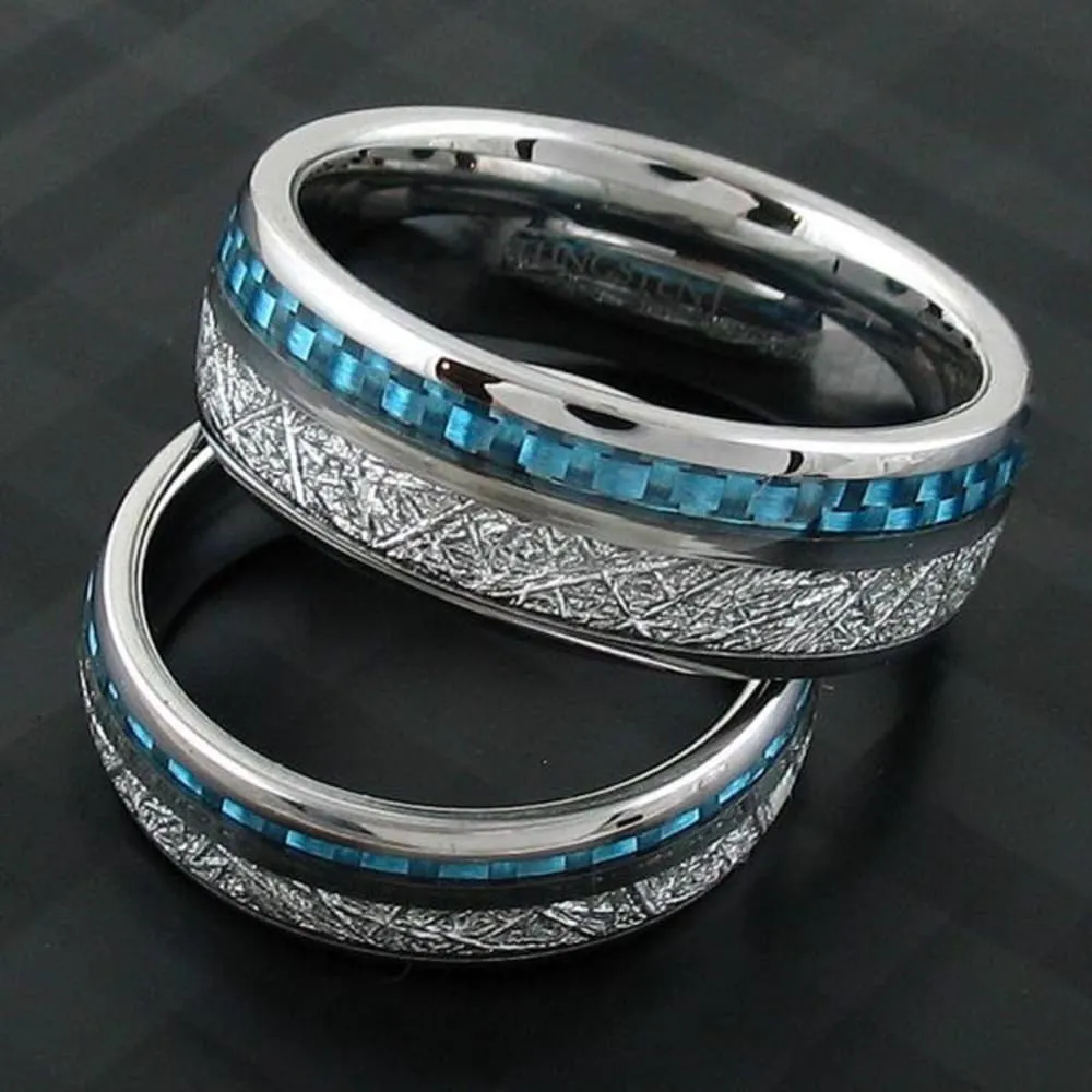 Maxwell Meteorite Tungsten Carbide Ring Blue Carbon Fiber Inlay - 6mm & 8mm